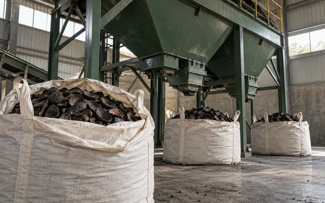 Karung besar berisi arang berdiri di bawah corong penerimaan bahan baku pabrik